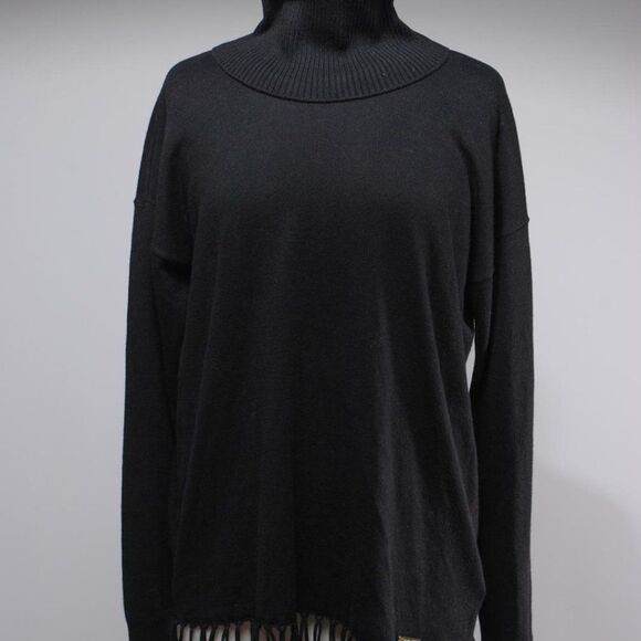 NWT Michael Kors Black Cotton Knit Fringed Turtleneck Sweater Size L - Picture 1 of 5